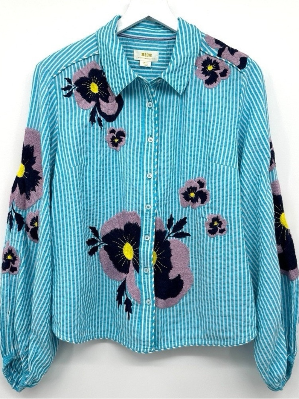 Meave anthropologie Striped blue Button-Up Shirt with Floral Embroidery